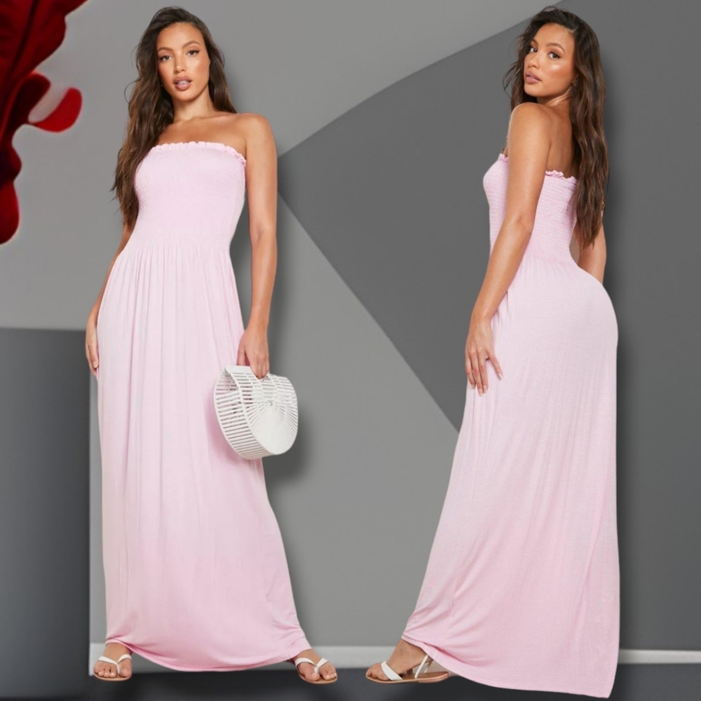 Women's Pink Tall Bandeau Shirred Maxi Dress